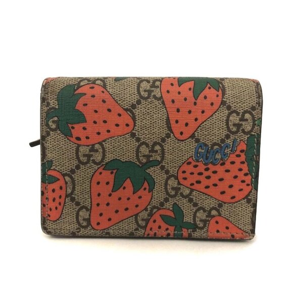 GUCCI GG Supreme Strawberry Print PVC Bifold Wallet Beige/2BF1607 - Picture 4 of 8
